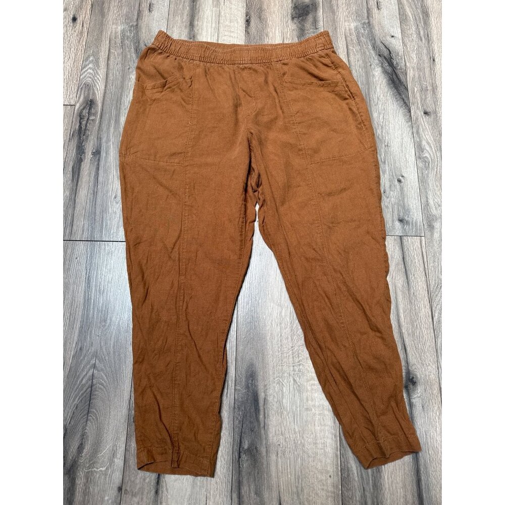 Old Navy High-Rise Straight Taper Pants L Rust Brown Elastic Waist Linen Blend